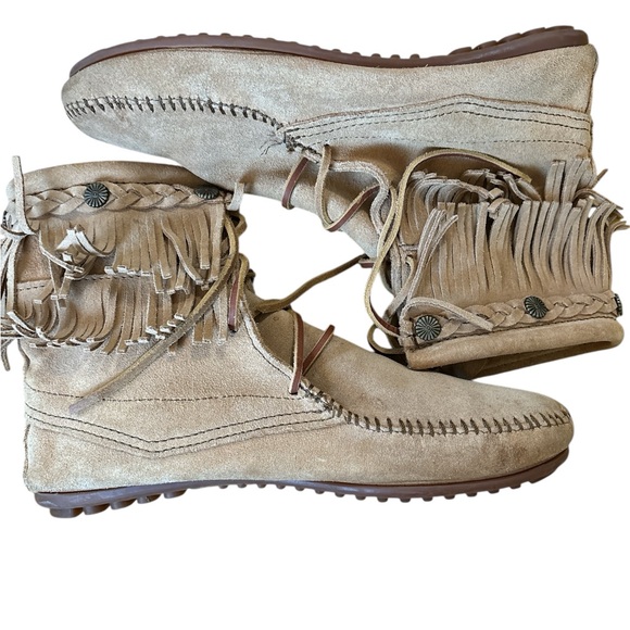 Minnetonka Double Fringe Moccasins in Tan - Picture 3 of 8